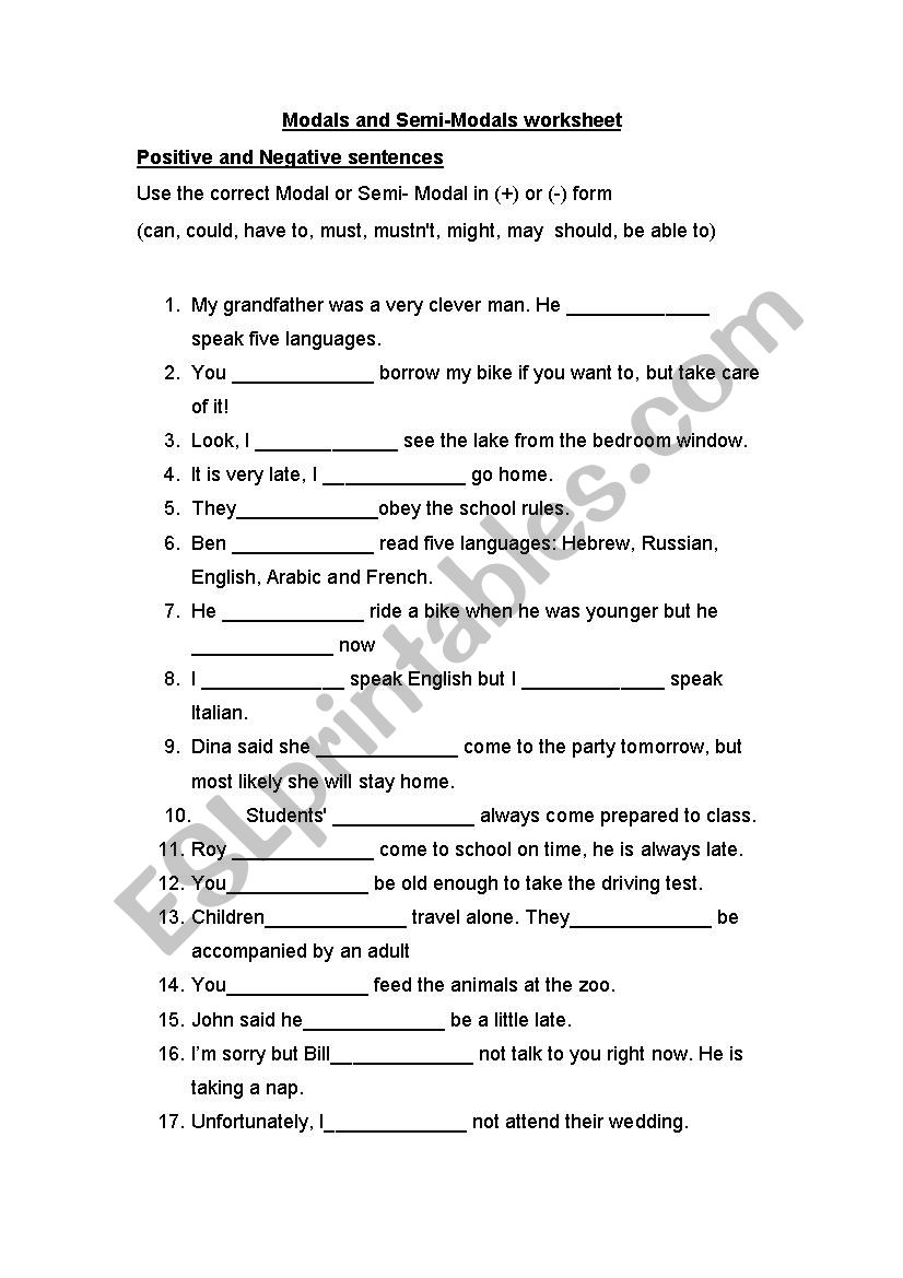 Modals and Semi-Modals worksheet