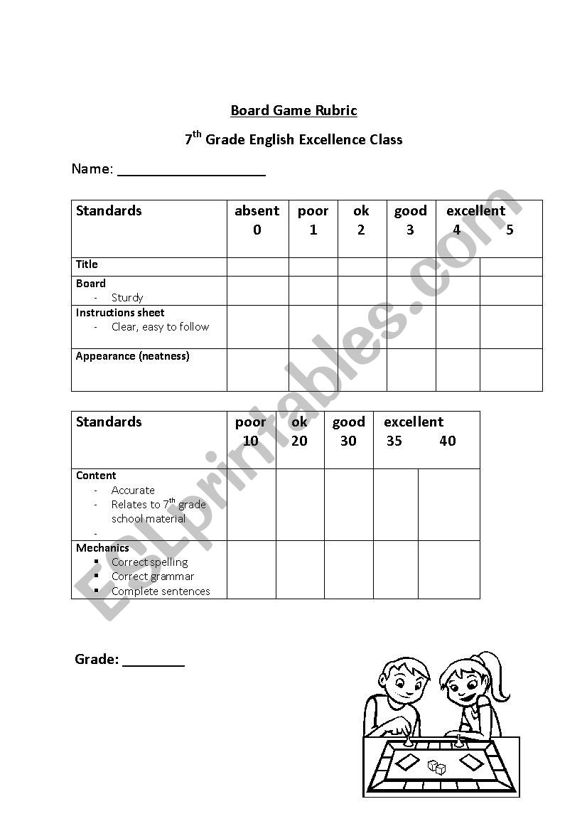 Board Game Rubric for grading 