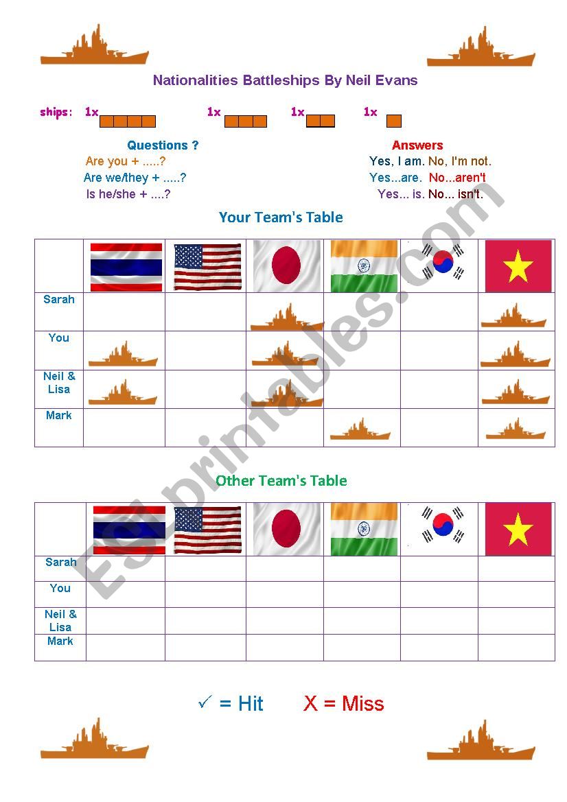 Nationalities Battleships worksheet