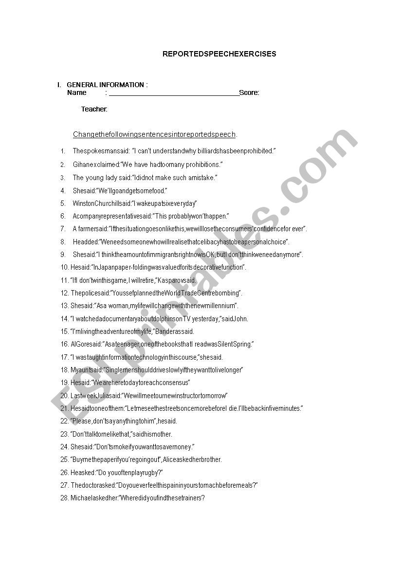 Reported speech worksheet