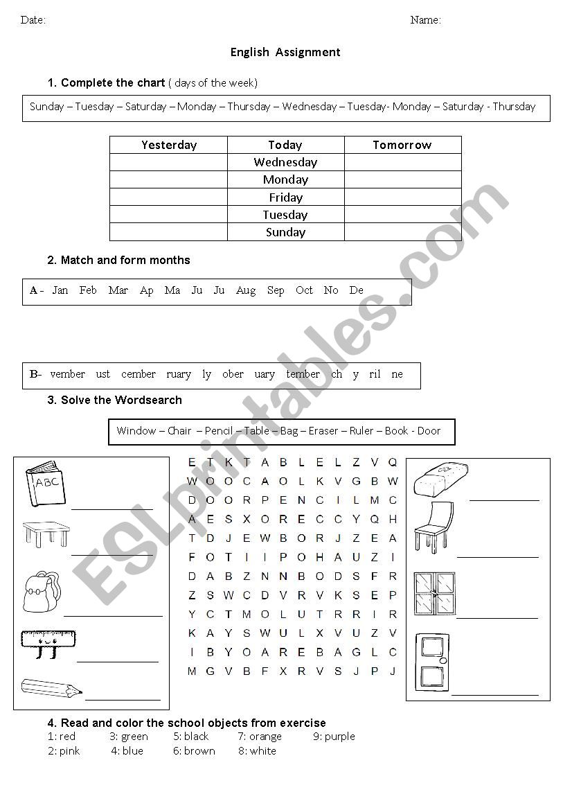 Days, months , school objects and colors vocabulary practice