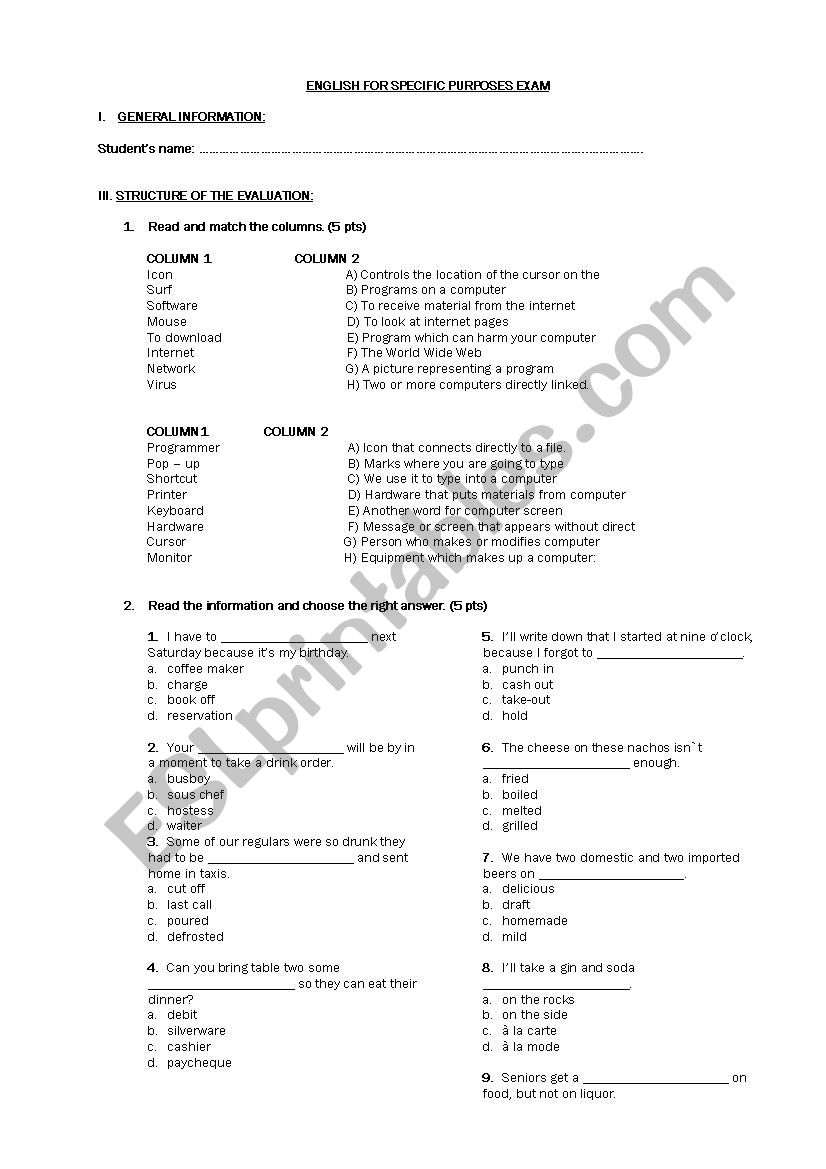English for specific purposes worksheet