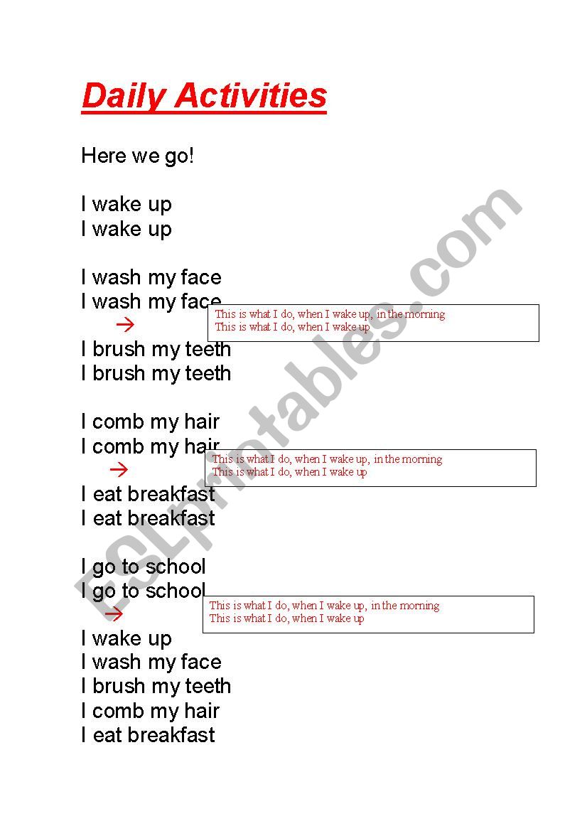 Daily activities worksheet for youtube song