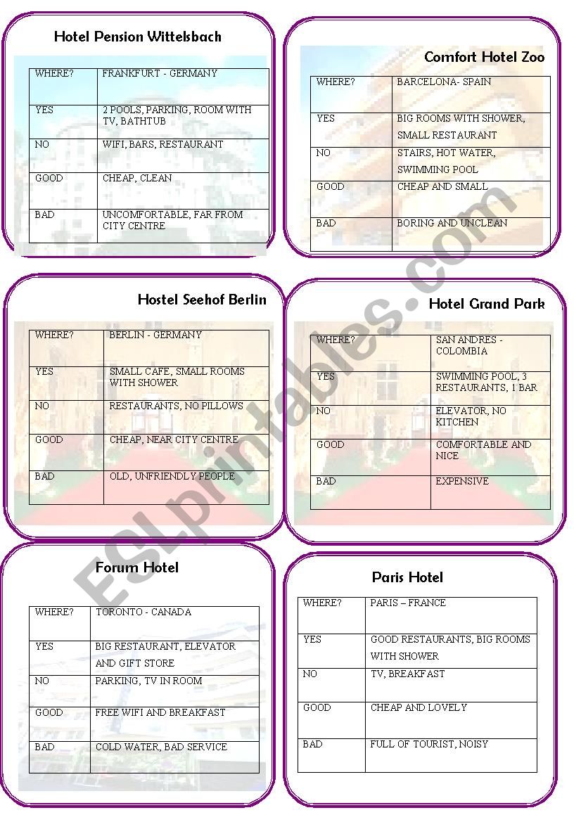 Hotels speaking cards worksheet