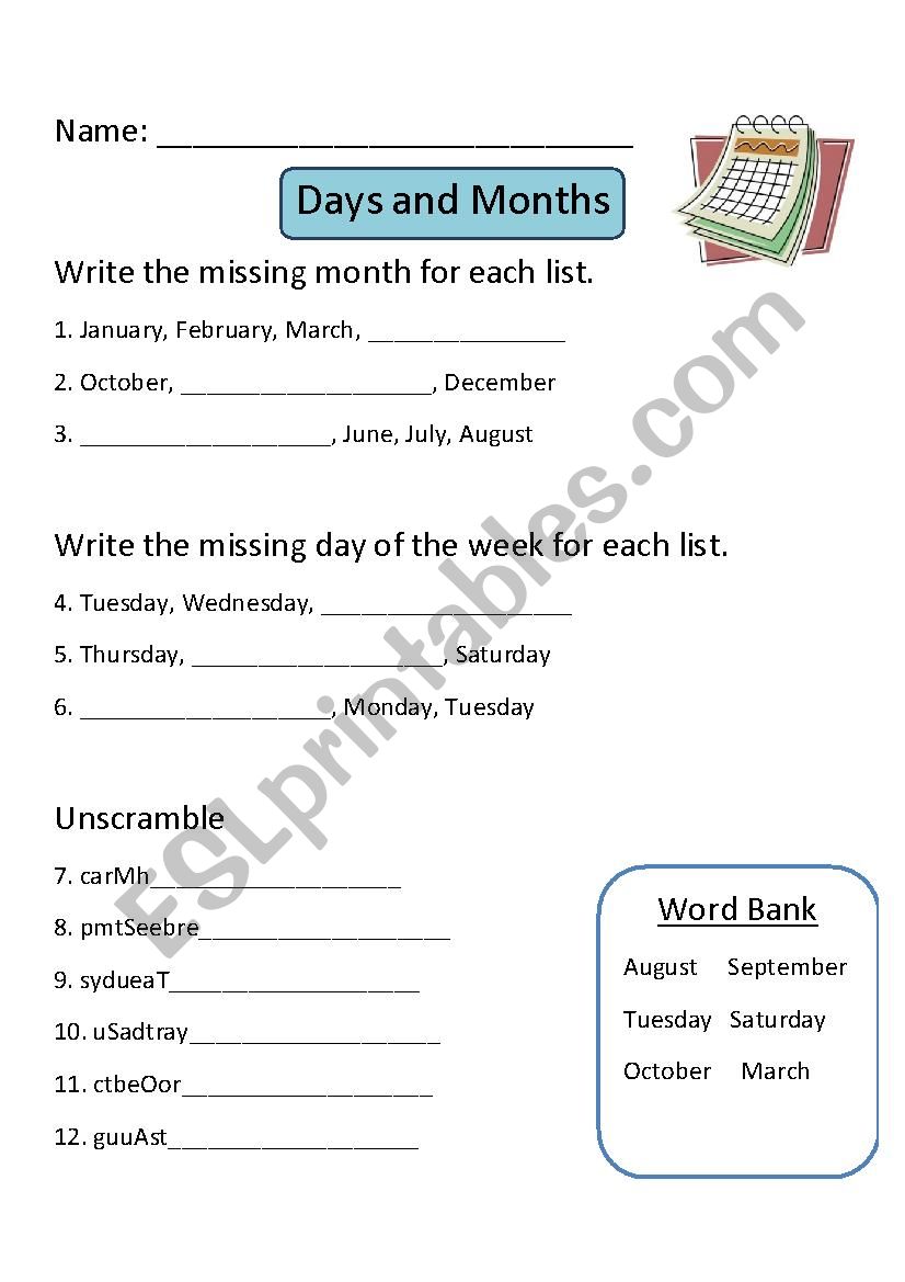 Days and Months Worksheet worksheet