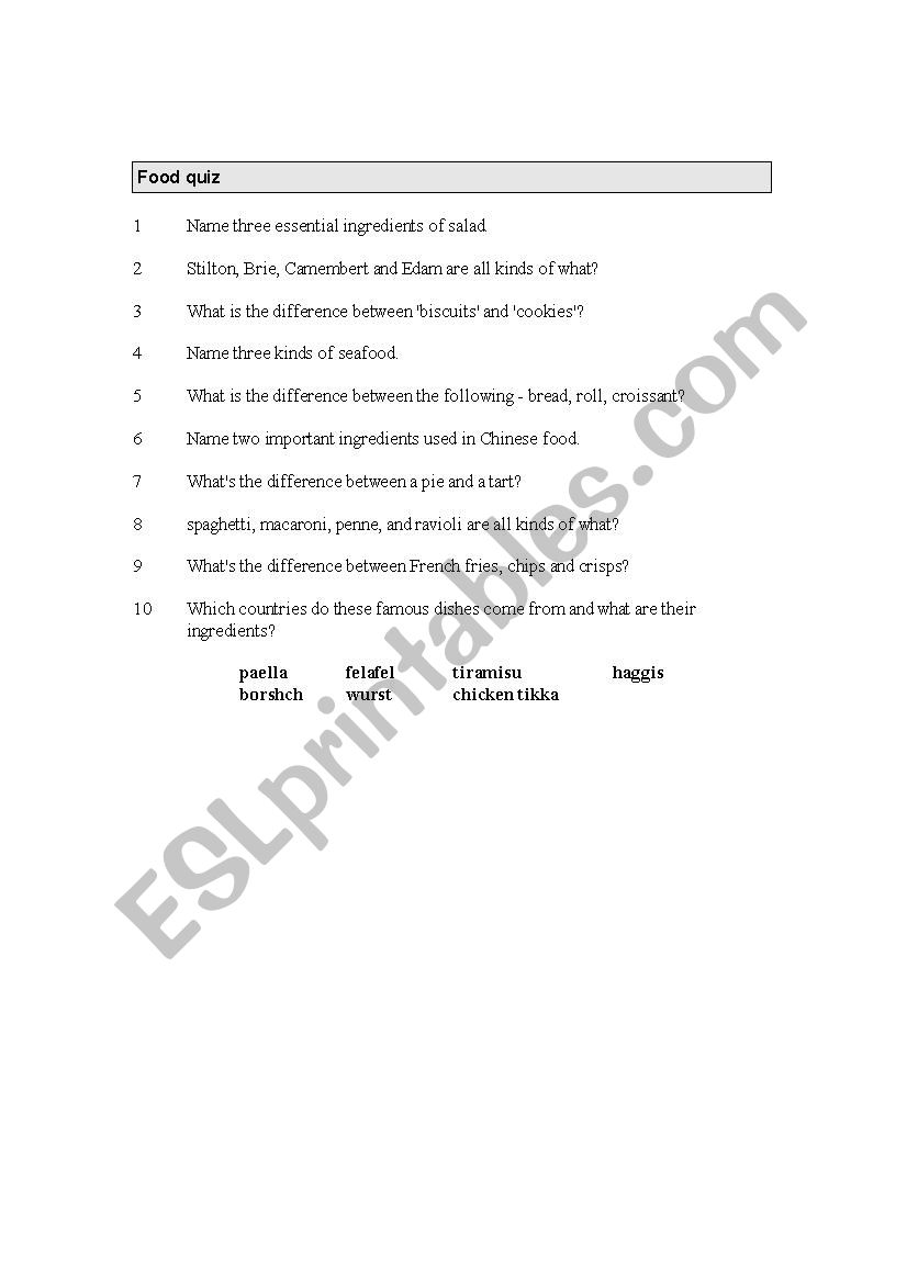 food quiz worksheet