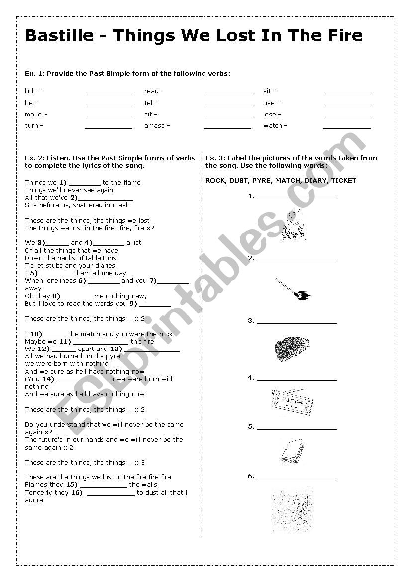 Past Simple - song worksheet Things we lost in the fire