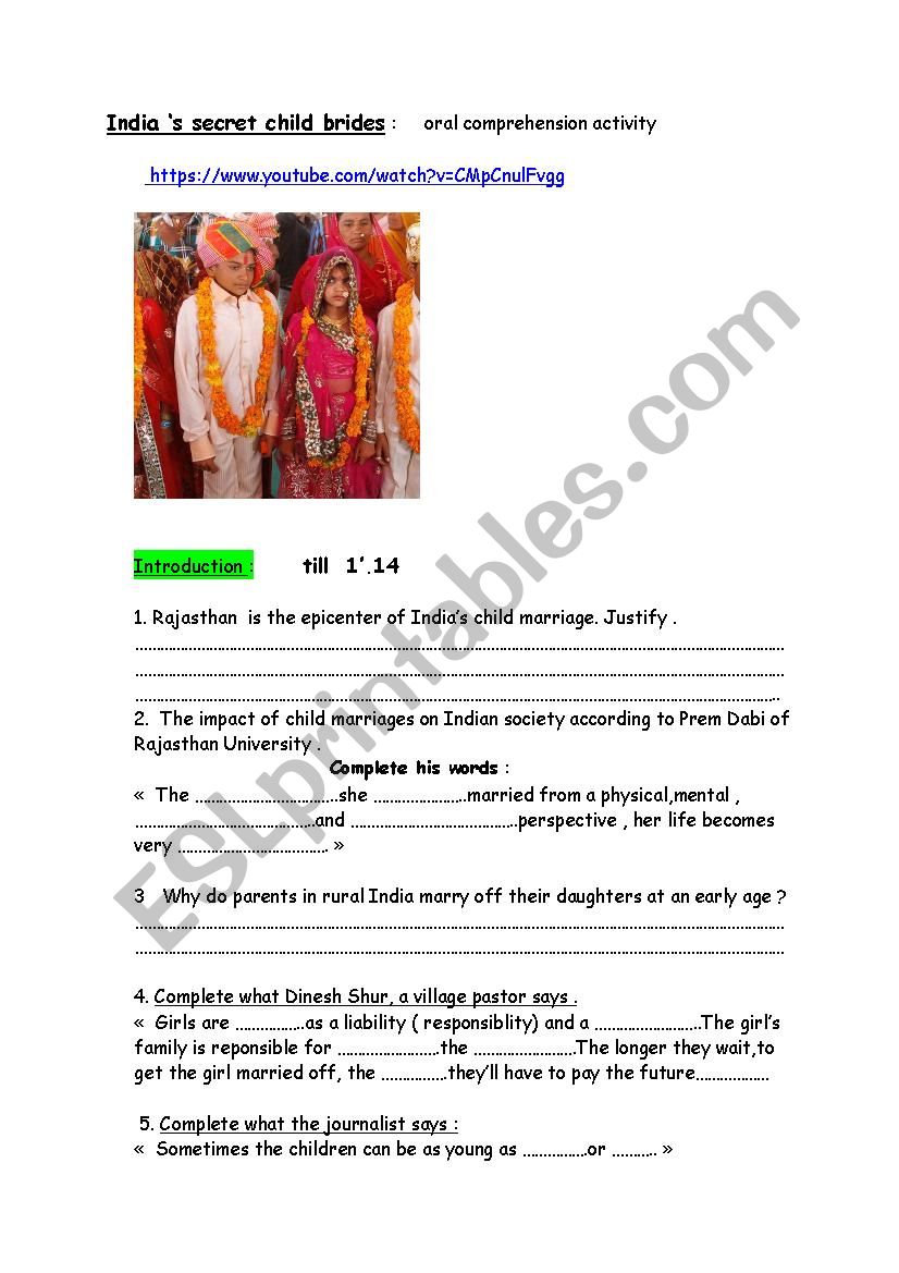 IndiaÂ´s child brides worksheet