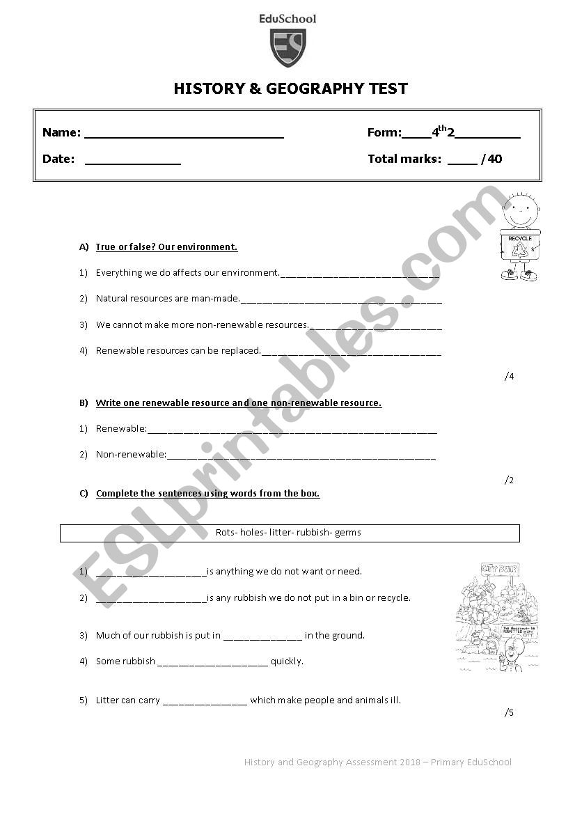 Test history and geography worksheet