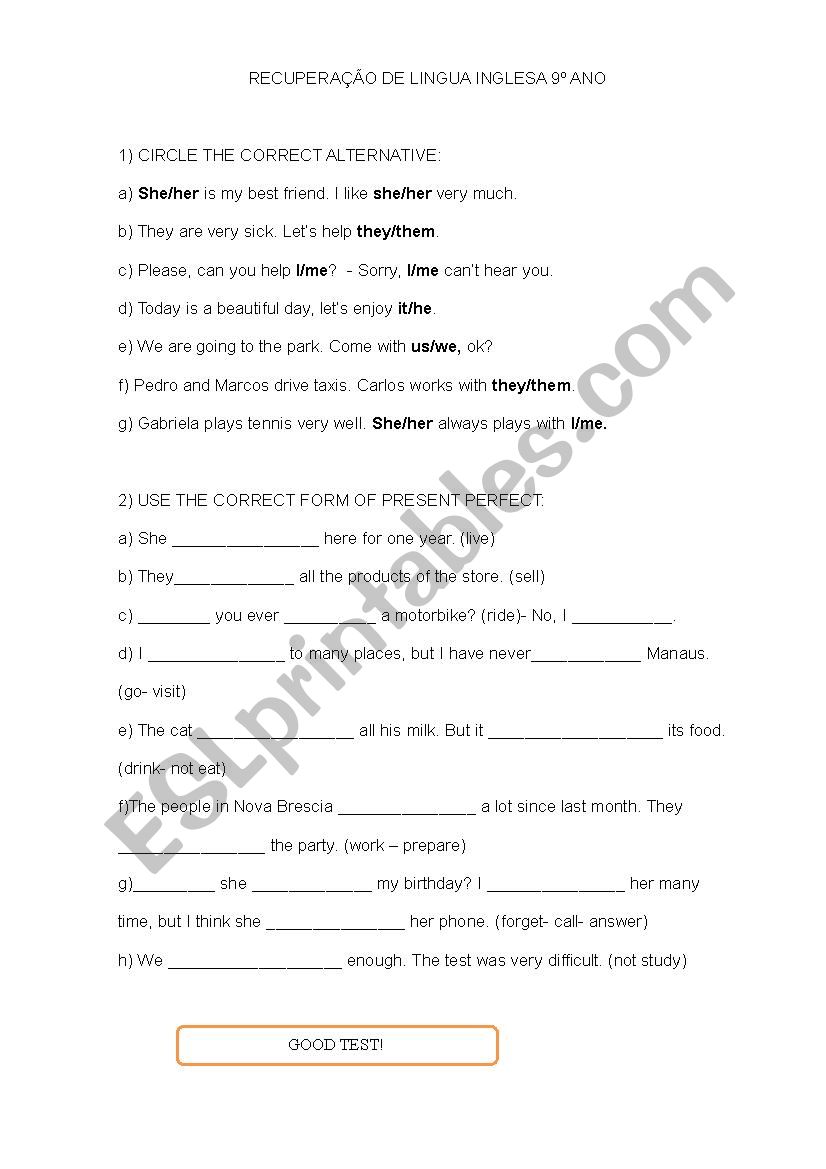 TEST 9 YEAR worksheet