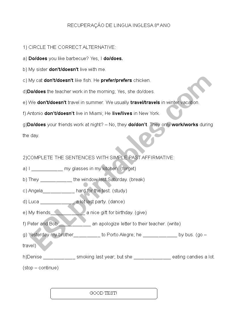 TEST 8 YEAR worksheet