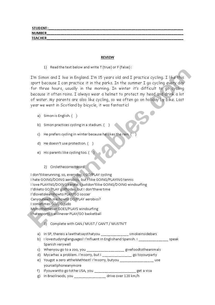 review elementary worksheet