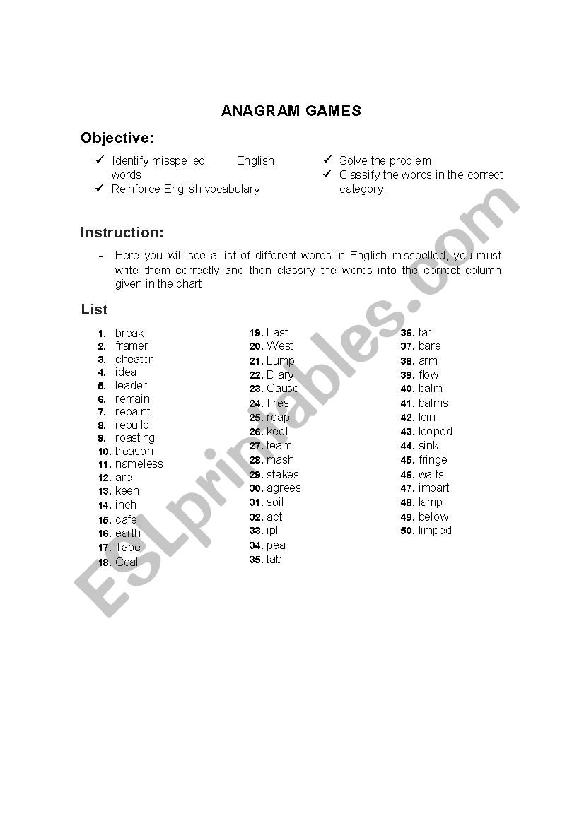 ANGRAM GAME worksheet