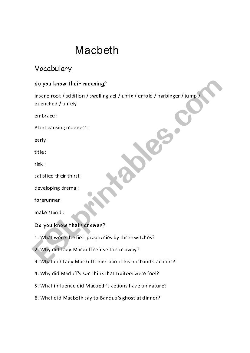 Macbeth (Part1) worksheet