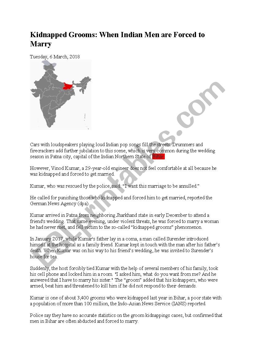 Kidnapped grooms in India  worksheet