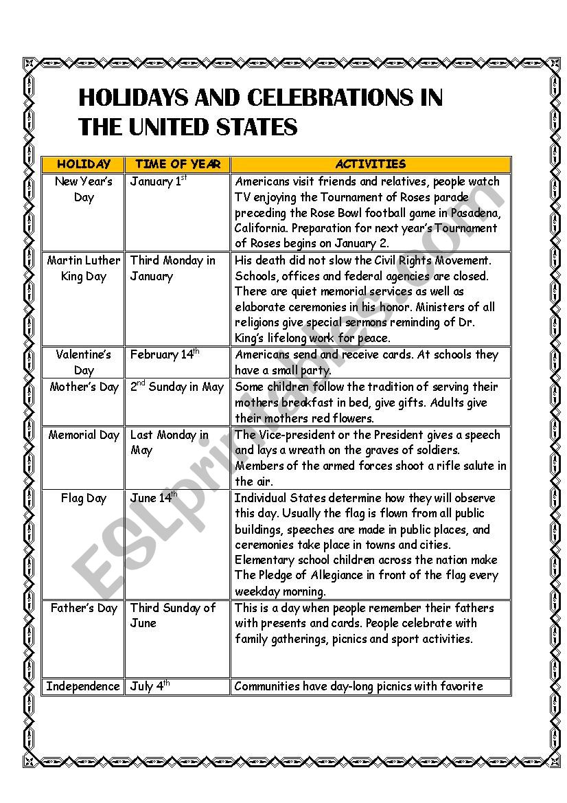 Celebrations in USA worksheet