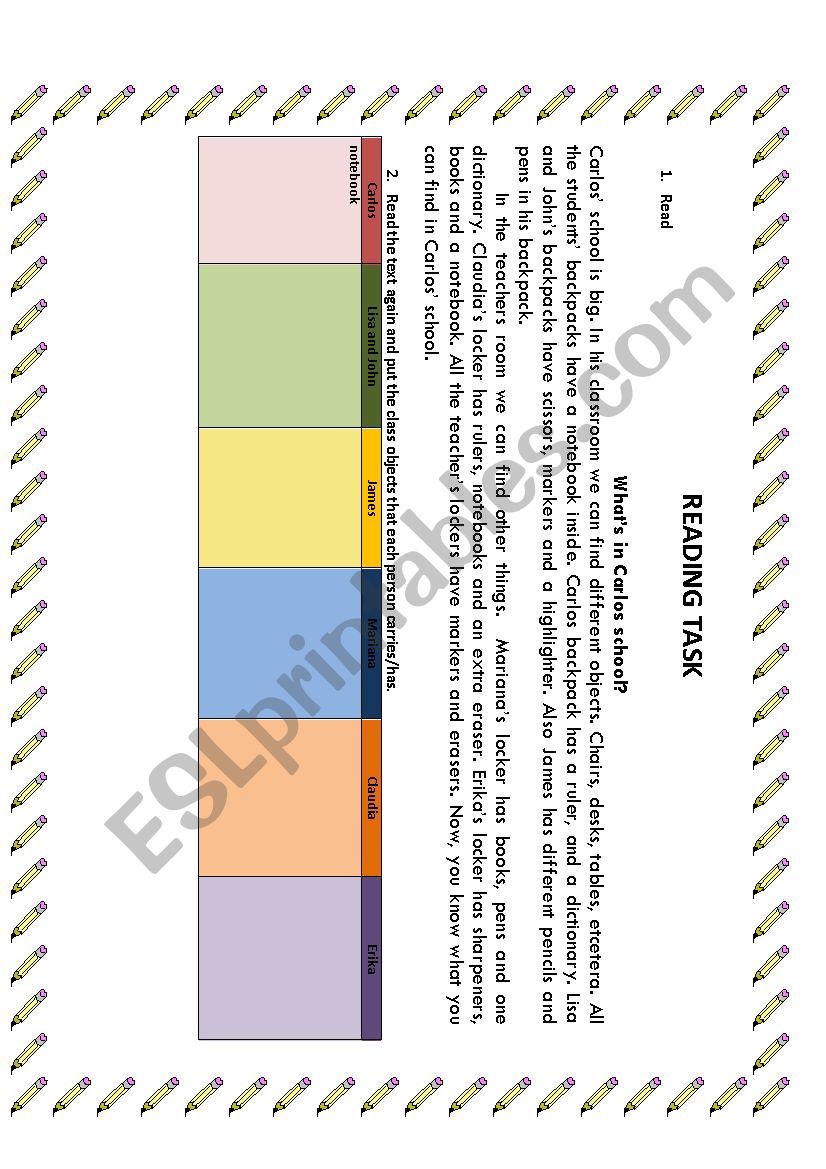 classroom objects reading  worksheet