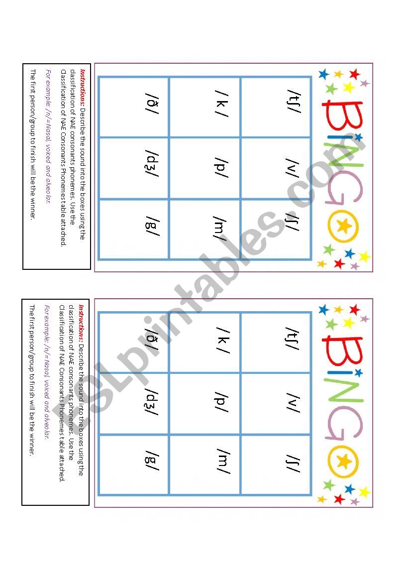 NAE CONSONANTS PHONEMES PRACTICE BINGO