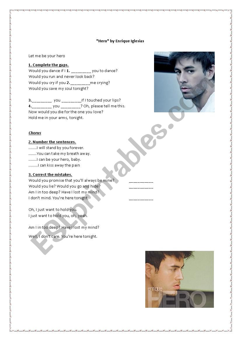 Enrique Iglesias - HERO worksheet