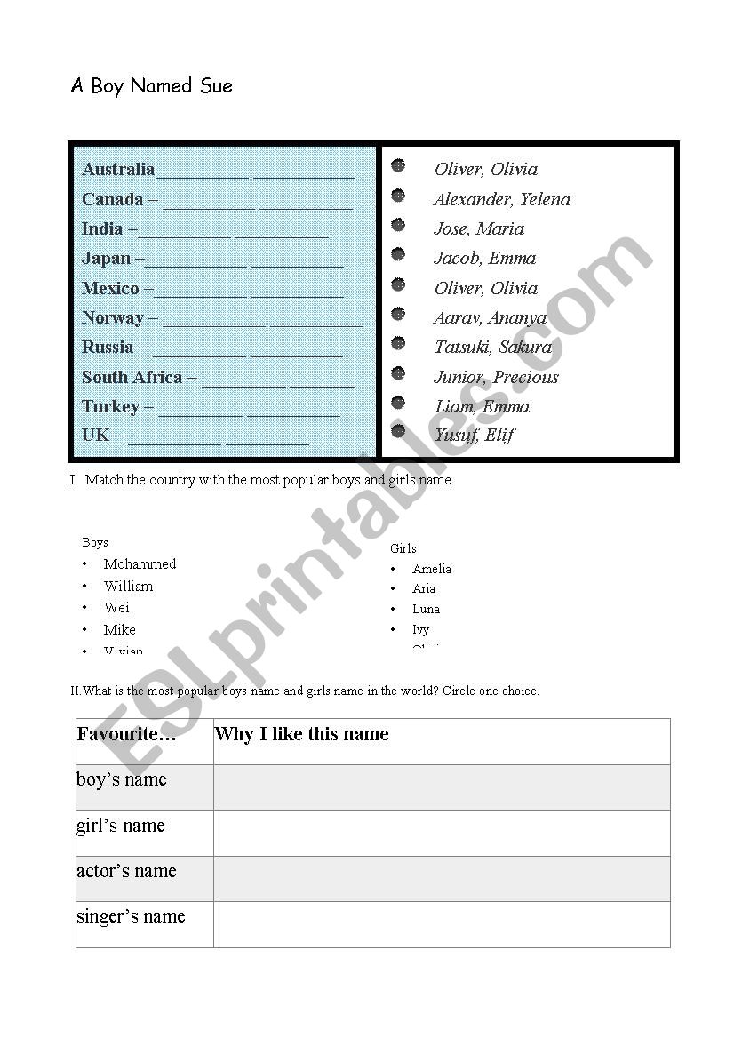 A Boy Names Sue worksheet