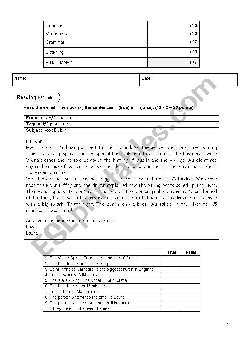 Complete Test: reading, vocabulary, grammar and listening