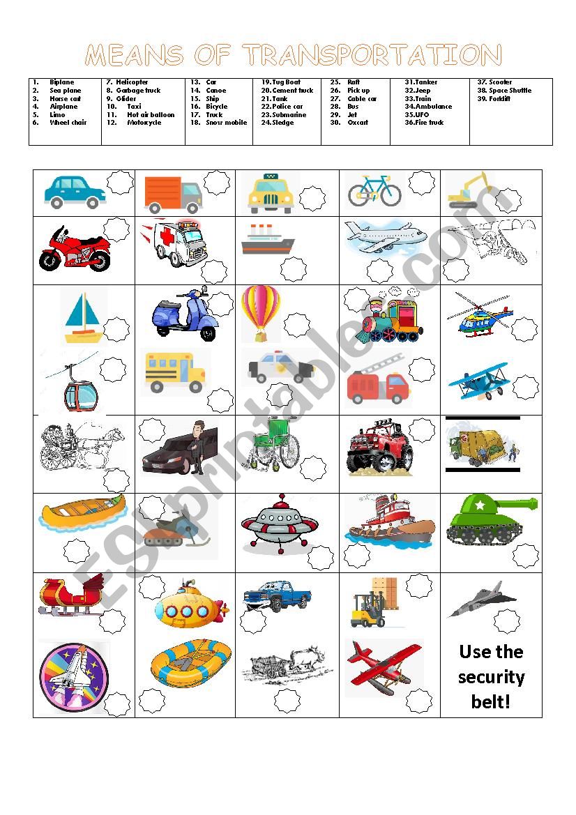 transportation pictures  worksheet