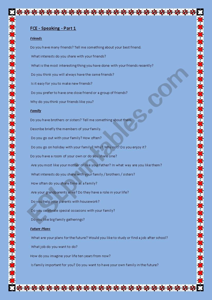FCE questions part 1 speaking worksheet