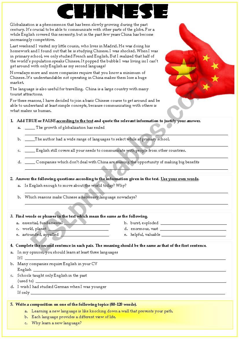 CHINESE: THE GLOBAL LANGUAGE worksheet