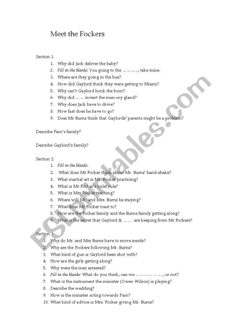 Meet the fockers worksheet