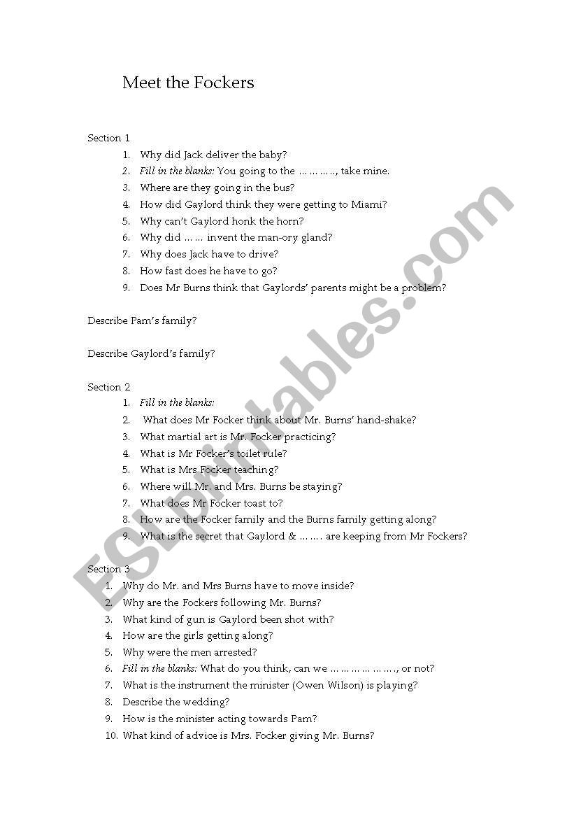 Meet the fockers worksheet