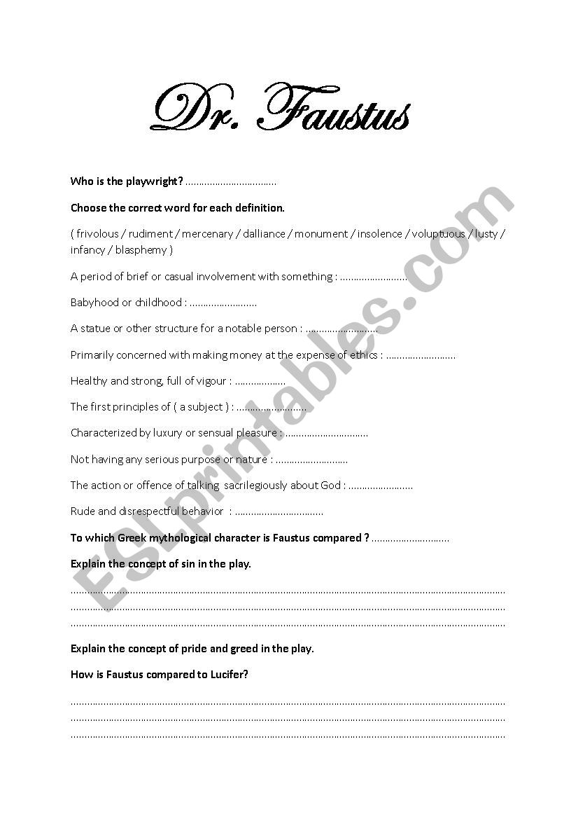 Doctor Faustus worksheet