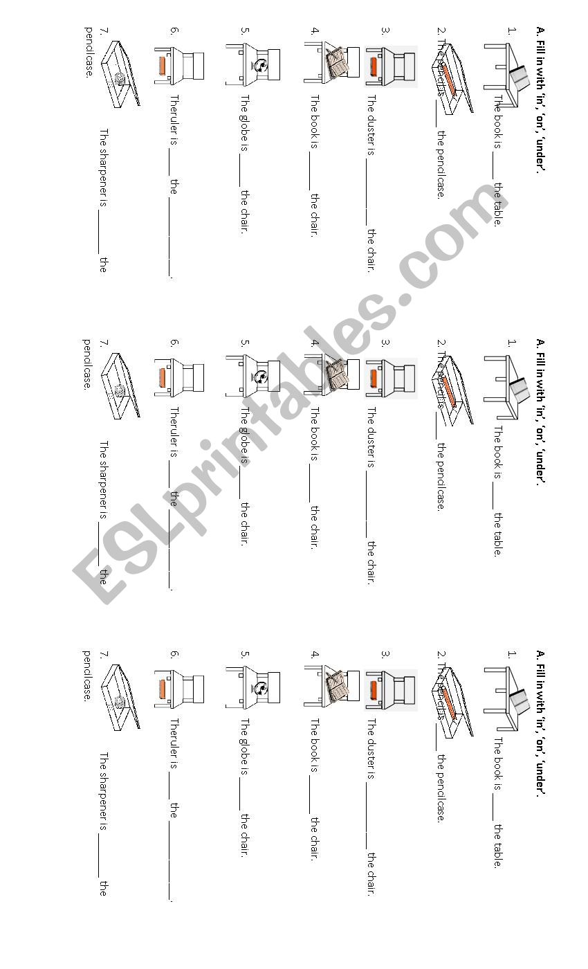 Look and fill in using in, on, under.