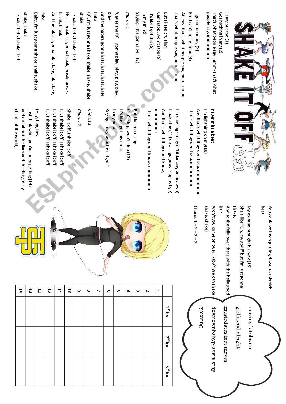 Taylor Swift Shake it off worksheet