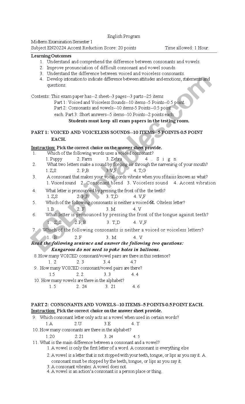 English Pronunciation Test worksheet