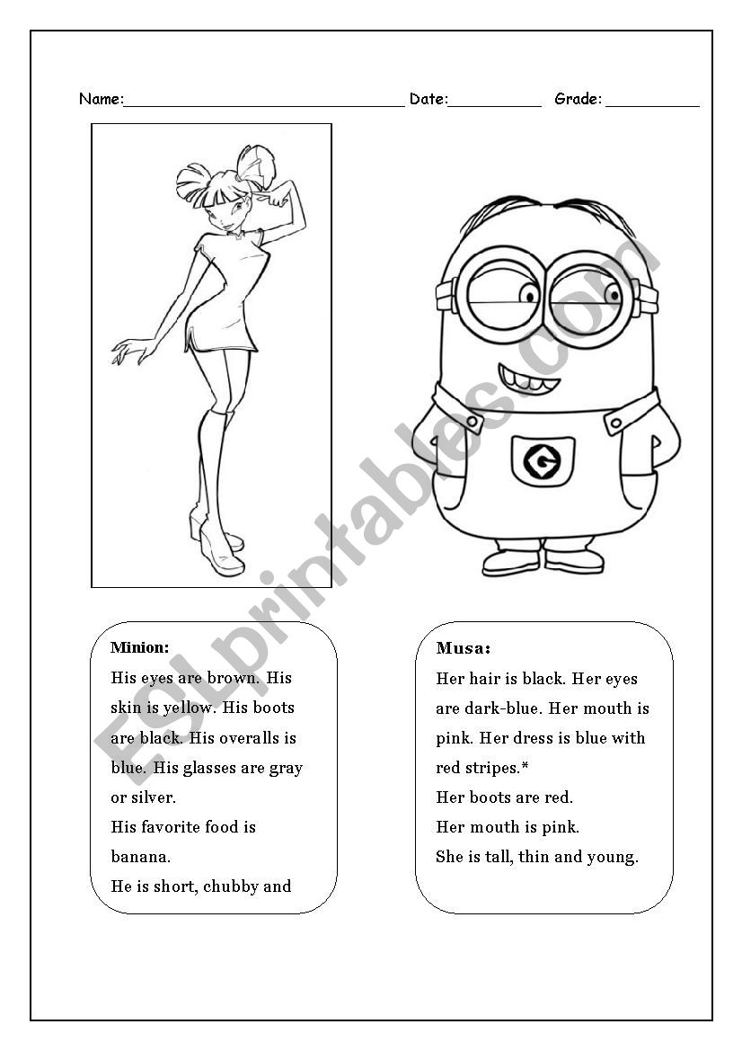 Describe Character to Color worksheet