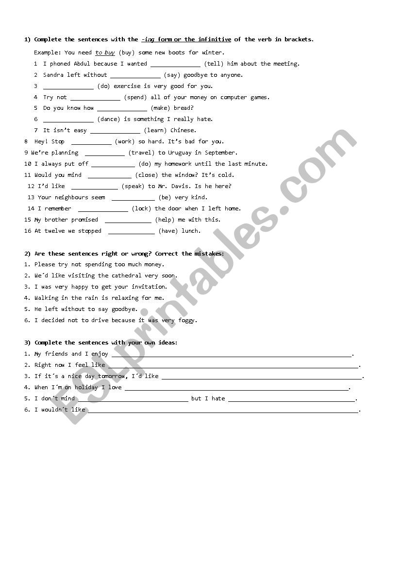 Gerund or To infinitive? worksheet