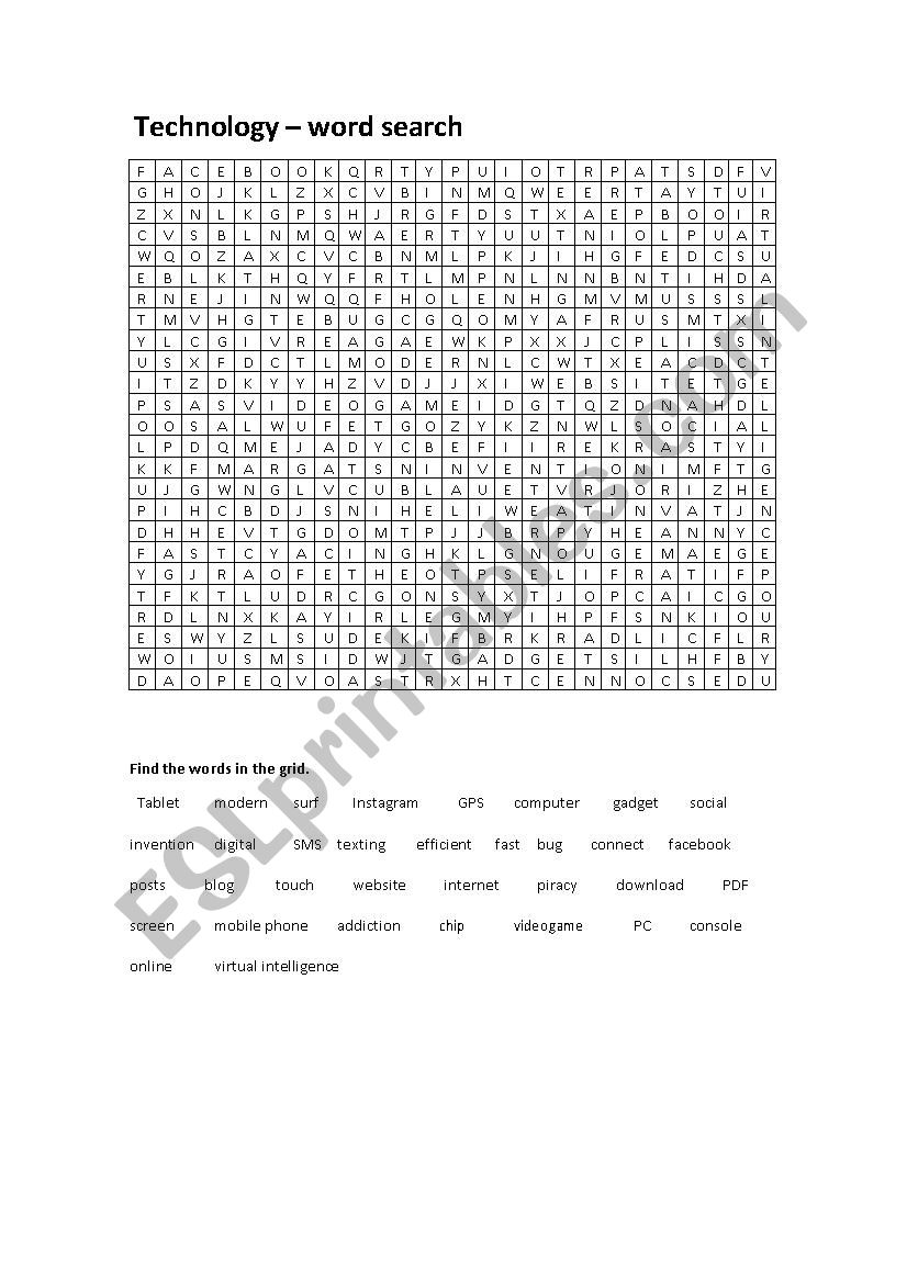 Technology word search worksheet