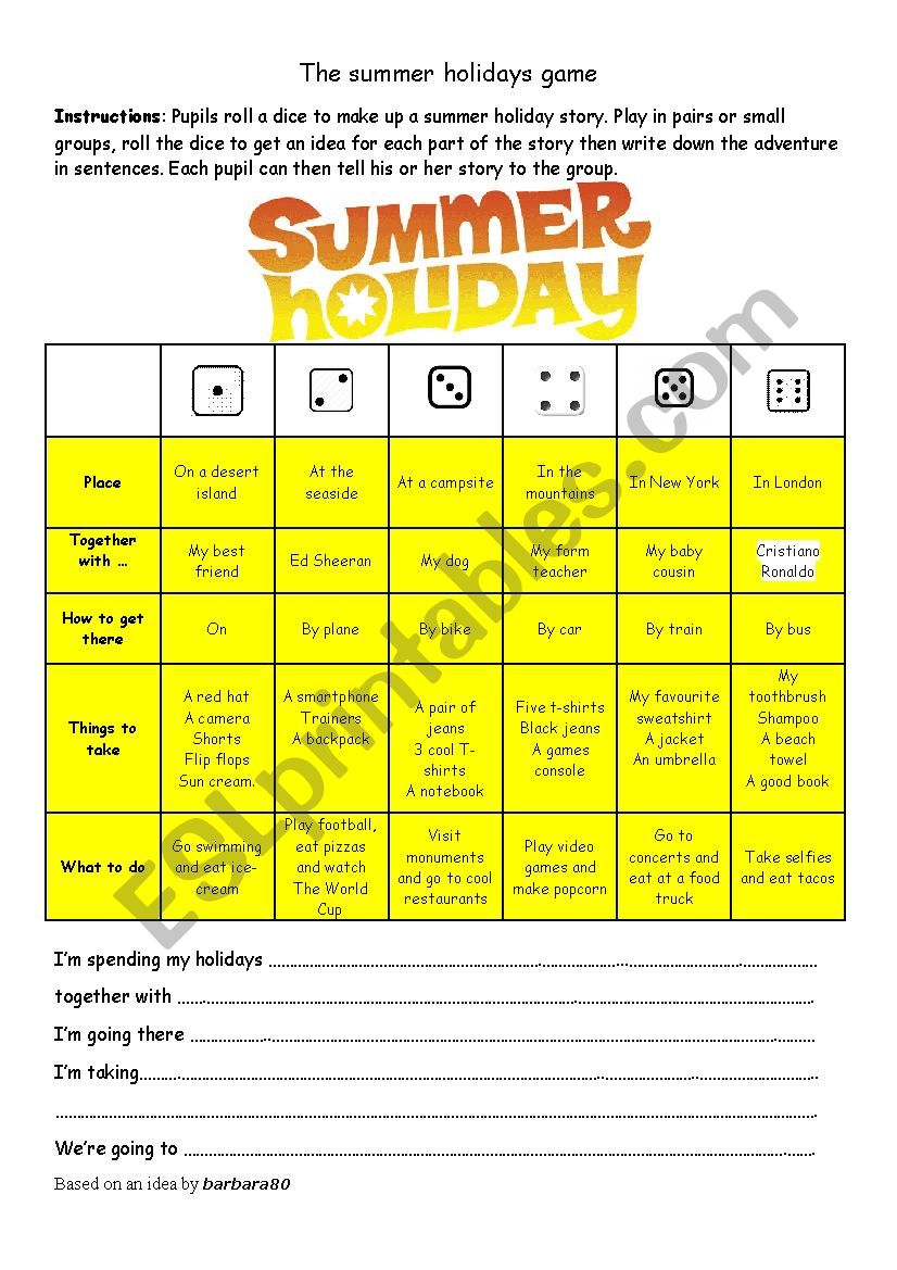 The Summer Holidays Game worksheet