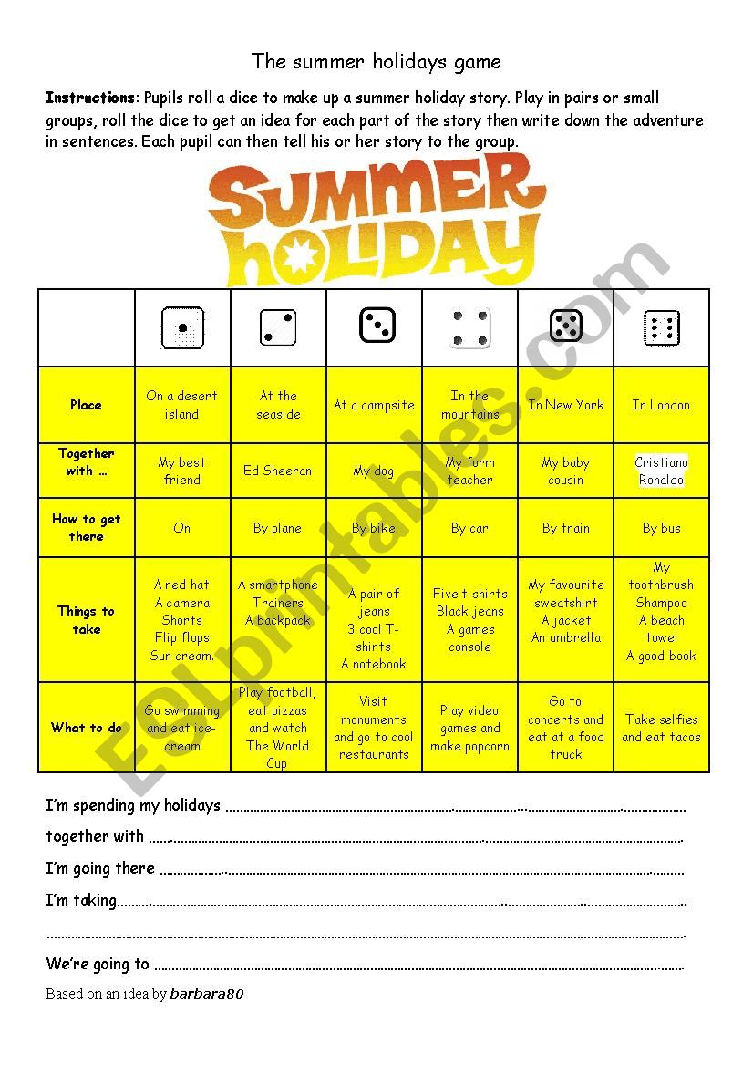 The Summer Holidays Game worksheet