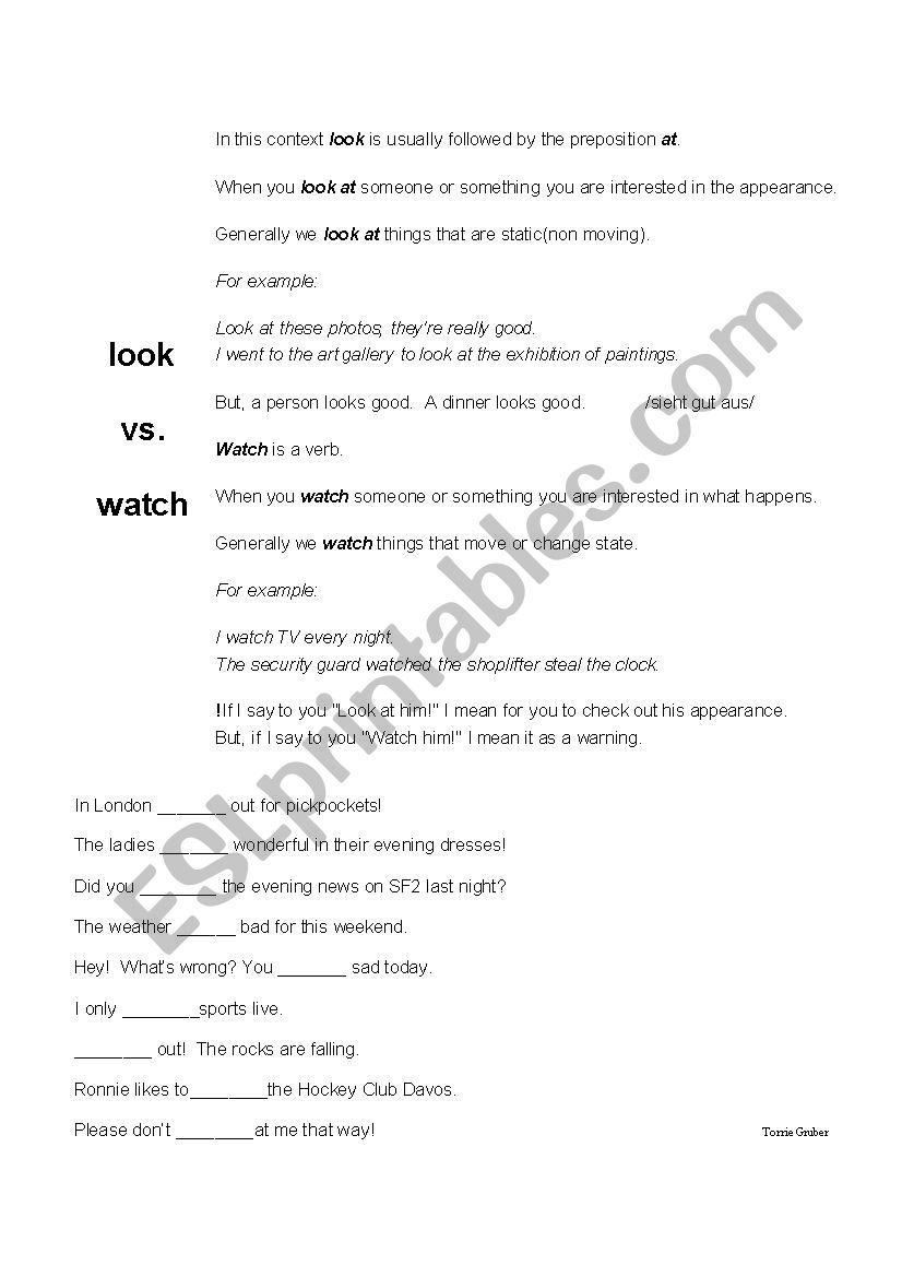 Look Vs Watch Esl Worksheet By Tolee