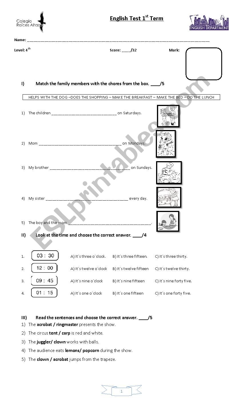 Test end of term worksheet