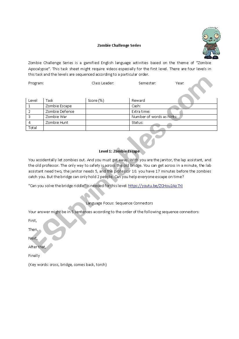 Zombie Challenge Series worksheet