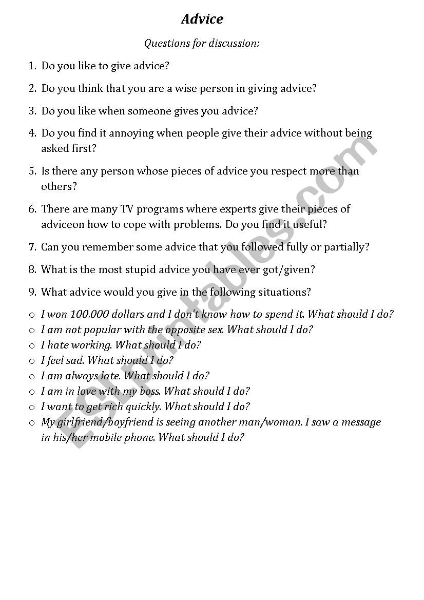 Advice. Discussion Points worksheet
