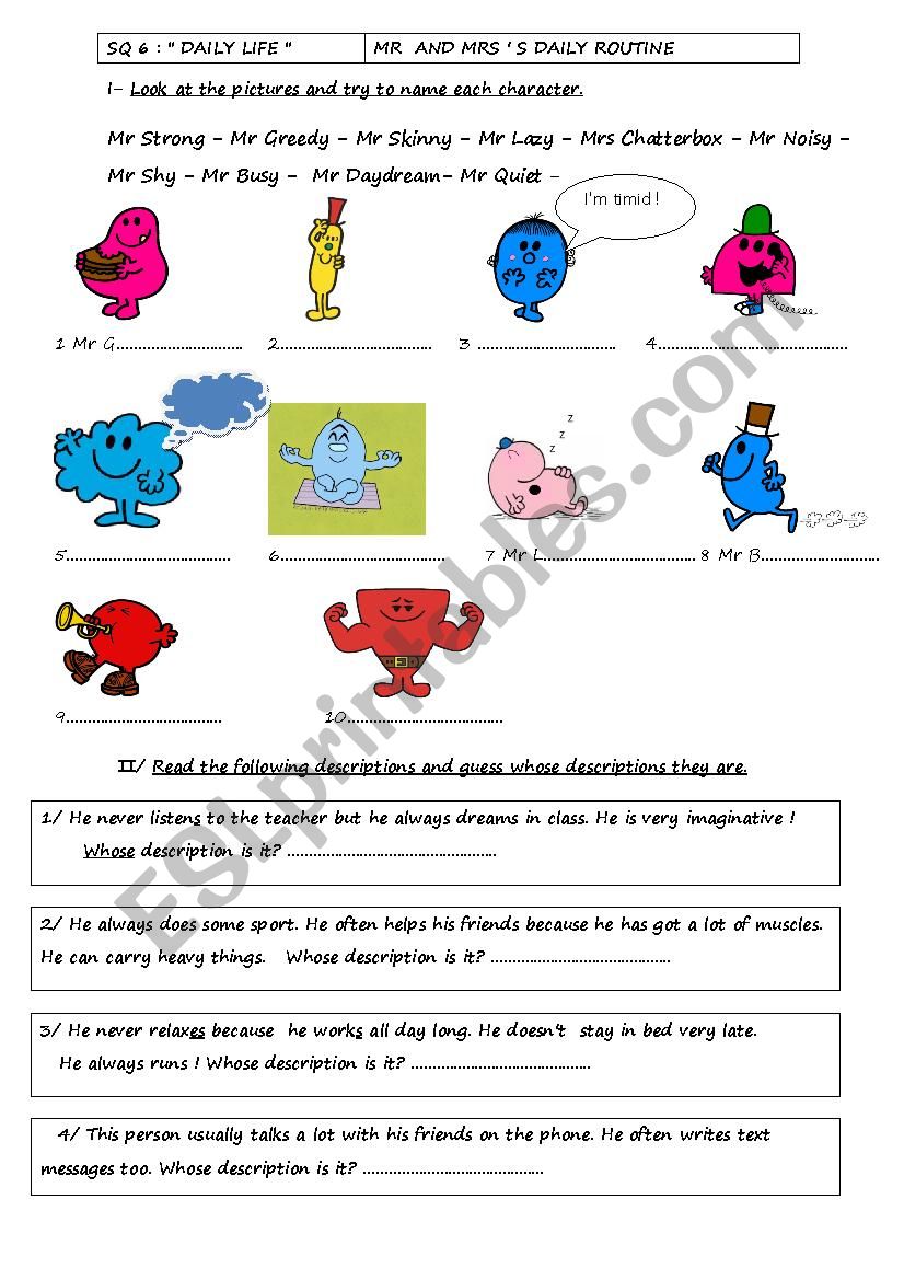 Mr Men worksheet