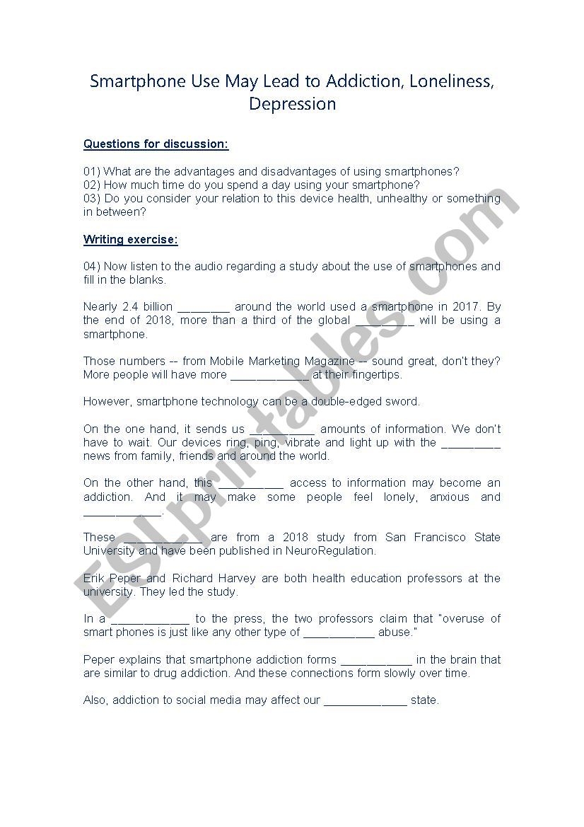 Smartphone Use May Lead to Addiction, Loneliness, Depression: discussion, listening and fill-in-the blanks worksheet