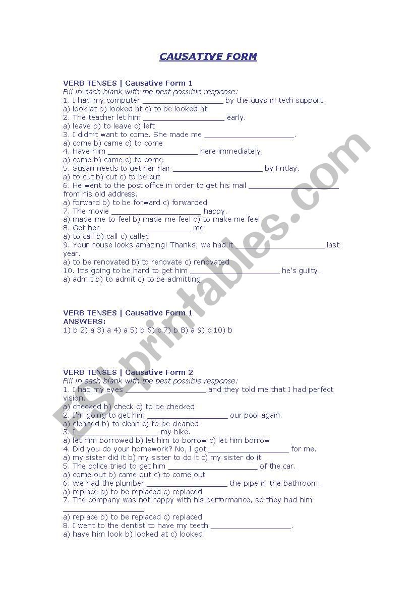 causative form keys worksheet