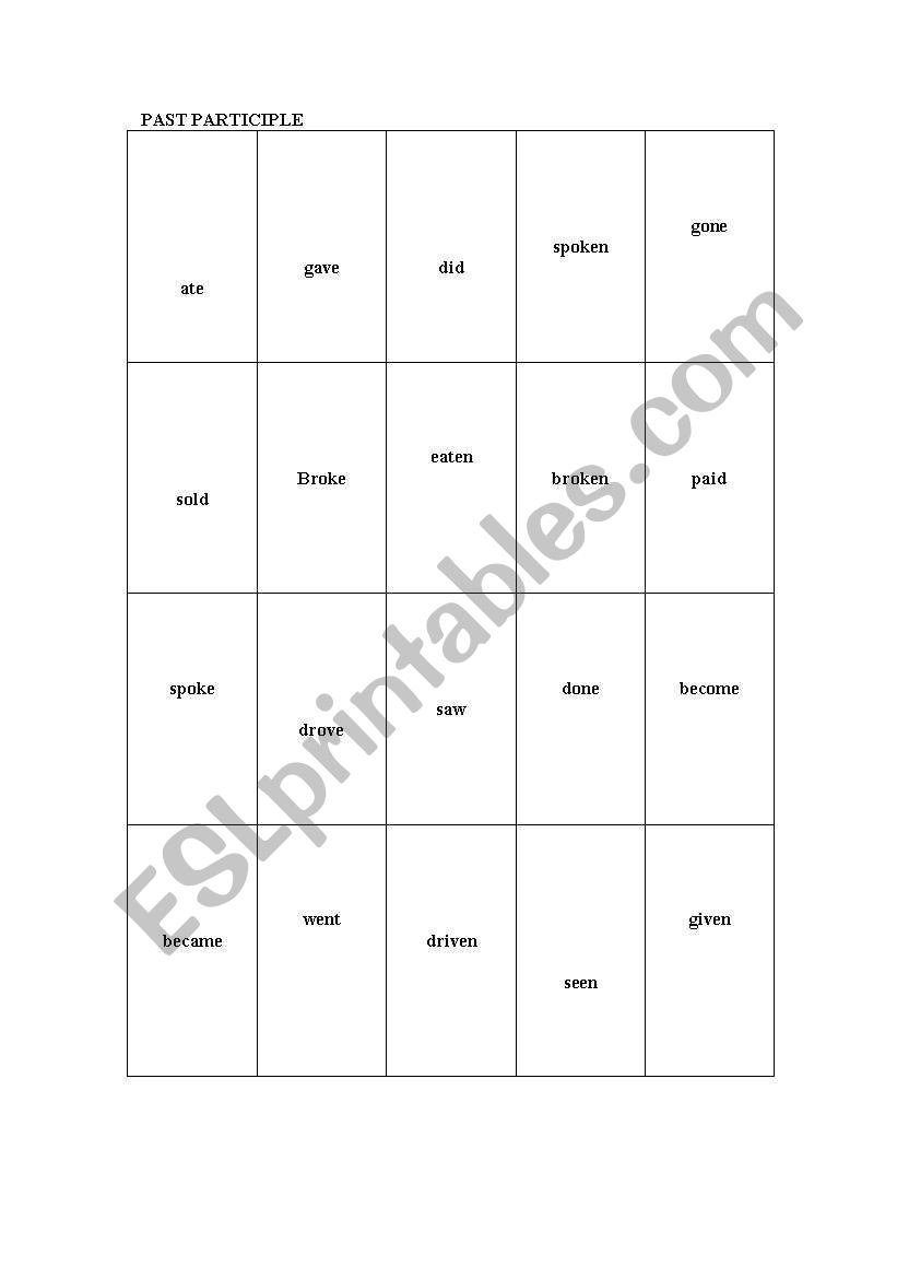 bingo game past participle worksheet