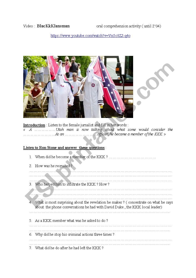 The black klansman  worksheet