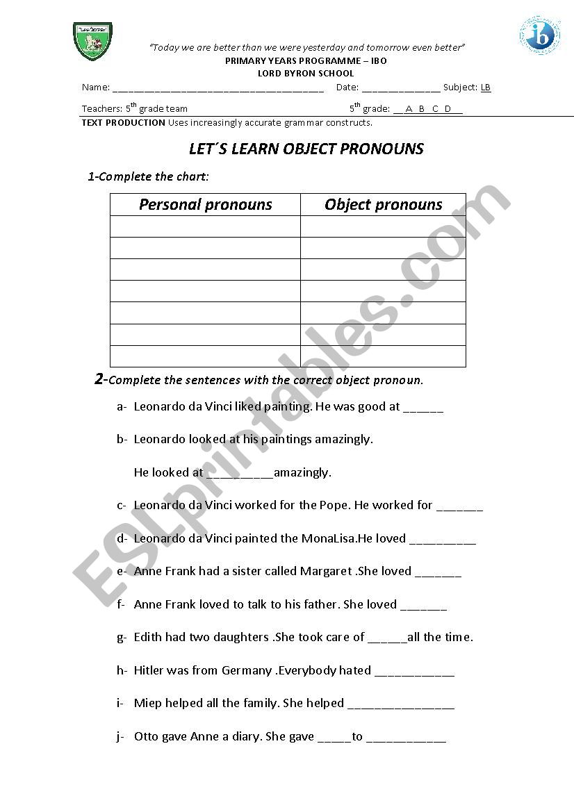 object pronouns worksheet