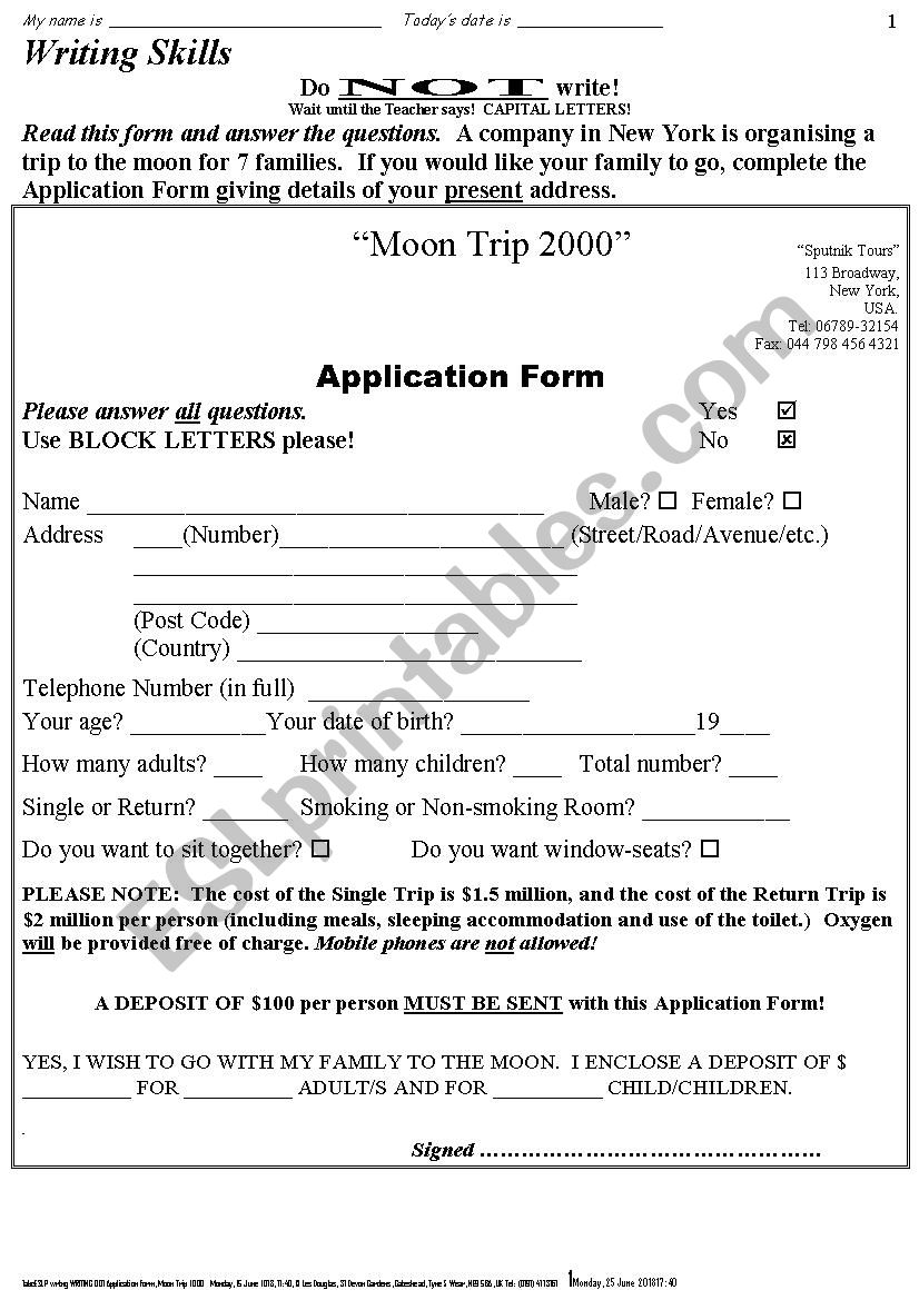 APPLICATION FORM 001 Moon Trip